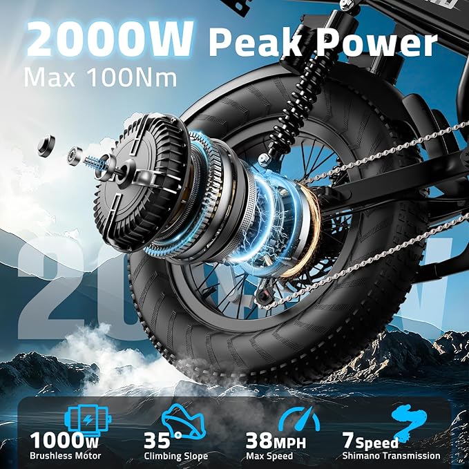 Ebikes for Adults, 1500/2000W Peak Motor with 30/38MPH, 15/20/18/23Ah Long Range Teens Electric Bike with Dual Hydraulic Brakes, 20" Fat Tire All-Terrain for Commuting Dirt E-Bicycles