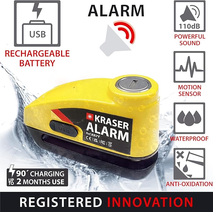 KRASER KR7Y Alarm Disc Lock USB Rechargeable Battery, 110dB Motion Sensor, Waterproof +Visible, 7mm Pin, Carry Pouch, Universal Anti Theft Wheel Brake Lock for Motorcycle Scooter Bicycle Electric Bike