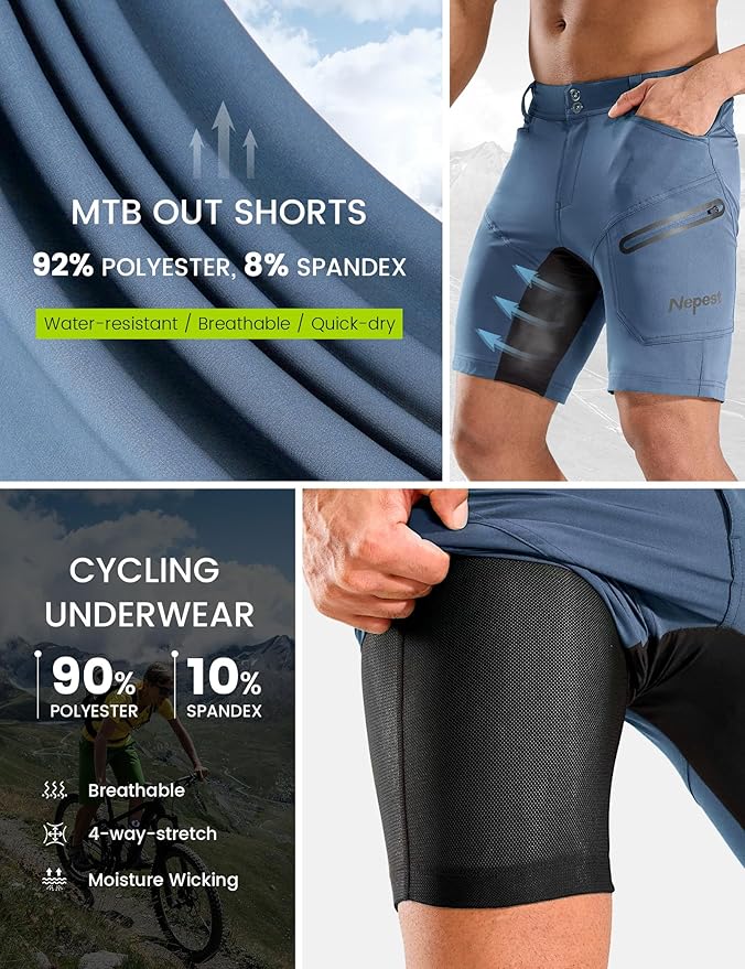 Nepest Mens Mountain Bike Shorts 3D Padded MTB Bicycle Riding Cycling Short Padding Liner Baggy Quick Dry,Zip Pockets