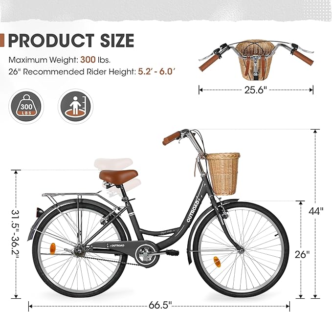 Outroad Comfort Bike for Women, 24/26 Inch Commuter Bicycle for Adult Men and Women, High-Carbon Steel Comfortable City Bikes with Rear Rack or Basket