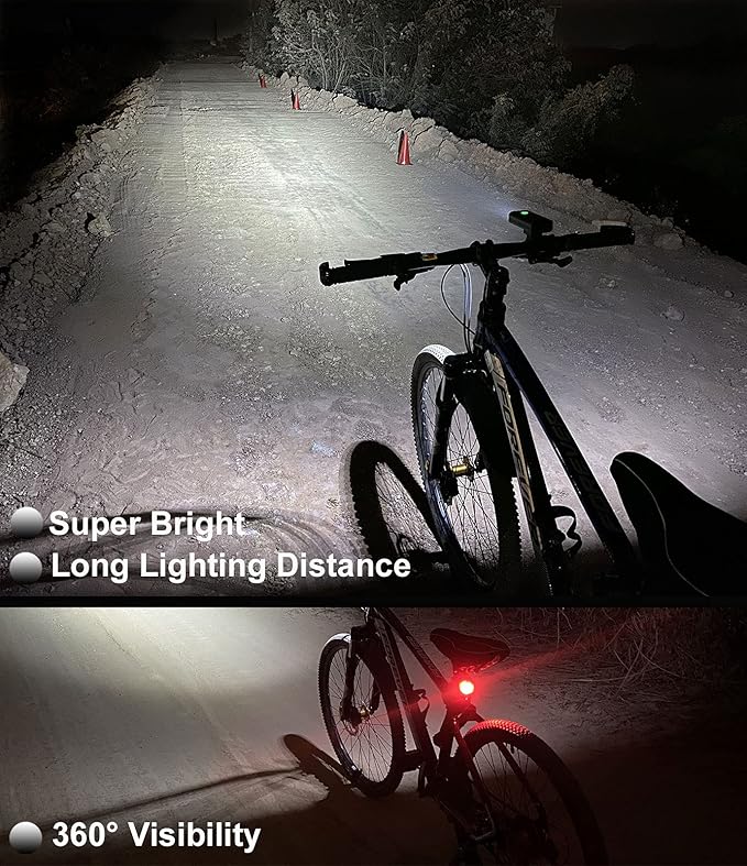 Bike Lights for Night Riding, 6400 mAh Bicycle Light Front and Rear, USB C Rechargeable Super Bright 1200 Lumen Bike Headlight LED Cycling Accessories for Road and MTB