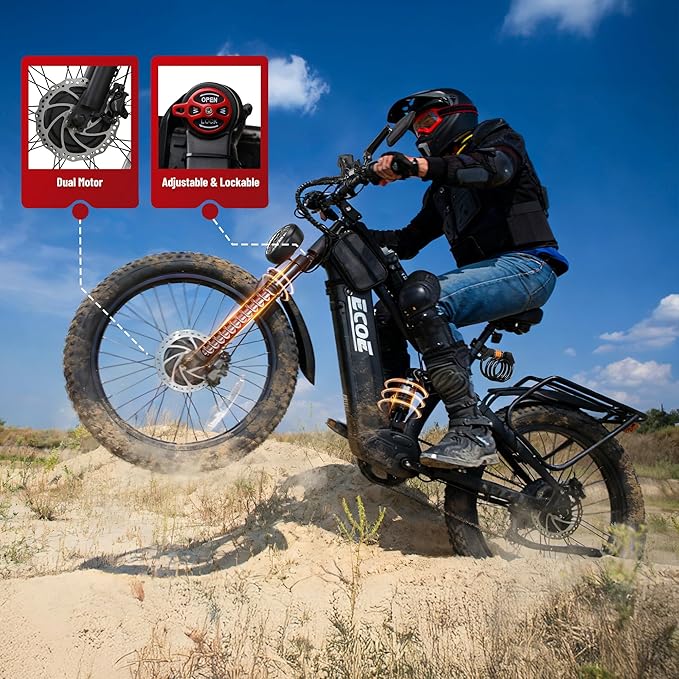 EcoE 6000/7000W Dual Motor Electric Bike for Adults 52MPH Charge Voltage 63 V32A, 26x4 Fat Tire All Terrain Ebikes, Full Suspension E Bike, SHM 7-Speed Gear Electric Bicycle