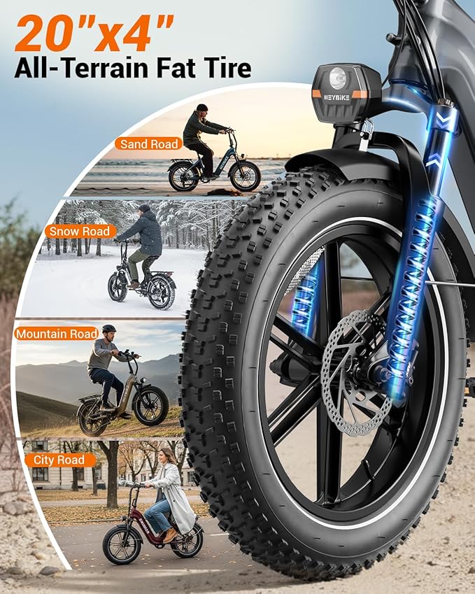 Heybike Ranger Foldable Electric Bike for Adults, 1200W/1800W Peak Motor, 28/32MPH E Bike, 55/90 Miles Range, 20"x4.0" Fat Tire Ebike with Removable Battery, Hydraulic Brakes for Snow, Beach,Commuting