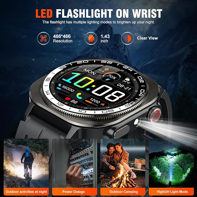 Military Smart Watches for Men(Answer/Make Call), AMOLED 1.43" Smartwatch, Flashlight/130+ Sports/Heart Rate/Sleep Monitor/Fitness Activity Tracker, IP68 Waterproof Fitness Watch for Android iOS