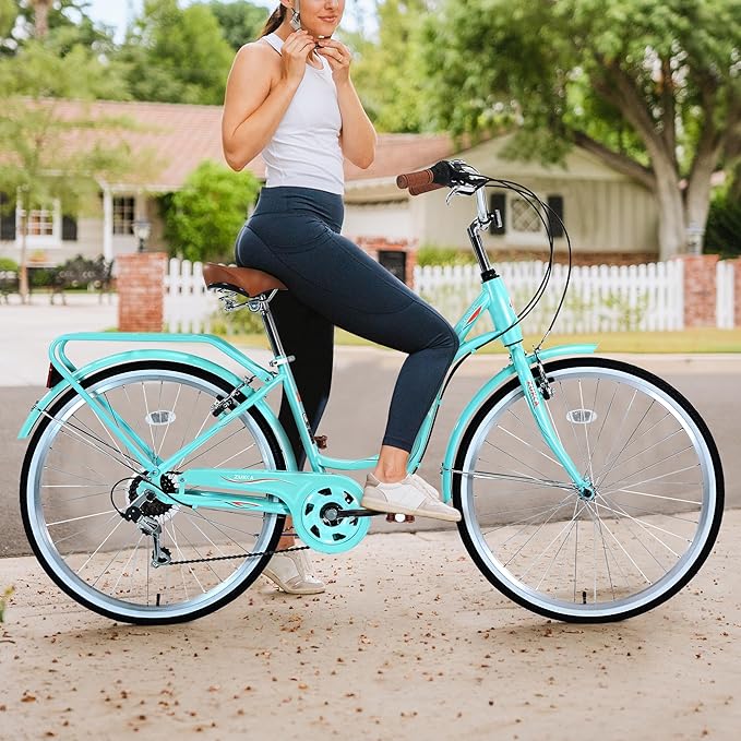 Commuter Bicycle, 26 Inch Ladies Bicycle for Adult, 7-Speed/High-Carbon Steel/Front & Rear Fenders, Ergonomic Upright Design Multiple Colors