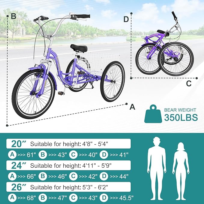 MOPHOTO Adult Folding Tricycle, 7-Speed 3 Wheel Bike for Adults, Seniors, Women & Men, 20/24/26 Inch Low Step-Through Trike with Large Rear Cargo Basket, Adjustable Seat, Space-Saving Cruiser Bicycle