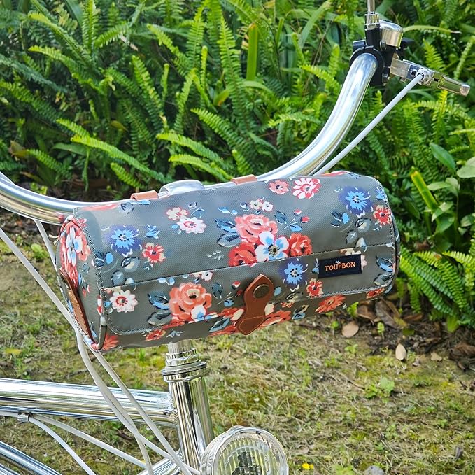 TOURBON Canvas Leather Bike Handlebar Bag with Shoulder Strap, 4.5L Bicycle Top Tube Pouch, Water-resistant Small Saddlebag storage bag for Cycling (Green Flower)