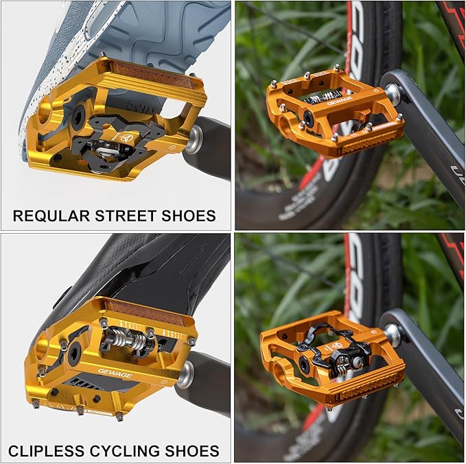 Mountain Bike Pedals with Reflector- Dual Function Plat & Clipless Pedals, Bicycle Pedal 9/16”Compatible with SPD - 3 Sealed Bearings Bicycle Platform Mountain Pedals