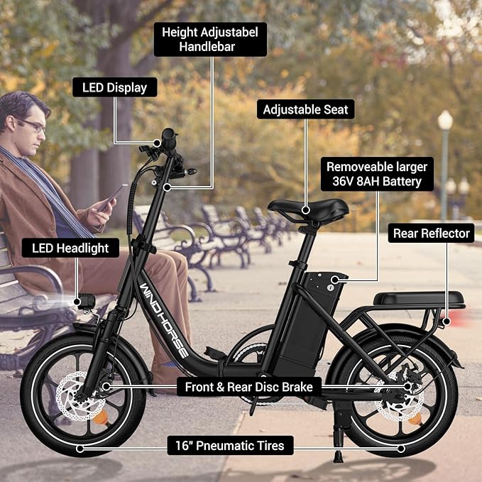 RIDWIND 16" Folding Electric Bike Adults, Peak 630W Adult Electric Bicycles, Up to 25 MPH and 35 Miles Foldable Ebikes, Electric Bike for Teens with 36V 8Ah Removable Battery, UL2849 Certificate