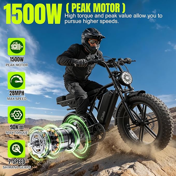 TST Electric Bike for Adults 1500W Peak 20" Fat Tire All-Terrain E-Bike 60/130 Miles 28 MPH Electric Dirt Bike - 48V 15/30 AH Battery Tested to UL 2849 Powered Electric Bicycle