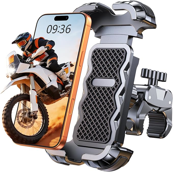 Motorcycle Phone Mount [Secure Grip][Anti-Drop], Upgrade Bike Phone Holder [1s Stable Lock], 360° Rotatable Phone Holder for Mountain Bike/ATV, Fits for iPhone/Samsung 4.7-6.8", Clamp Mount