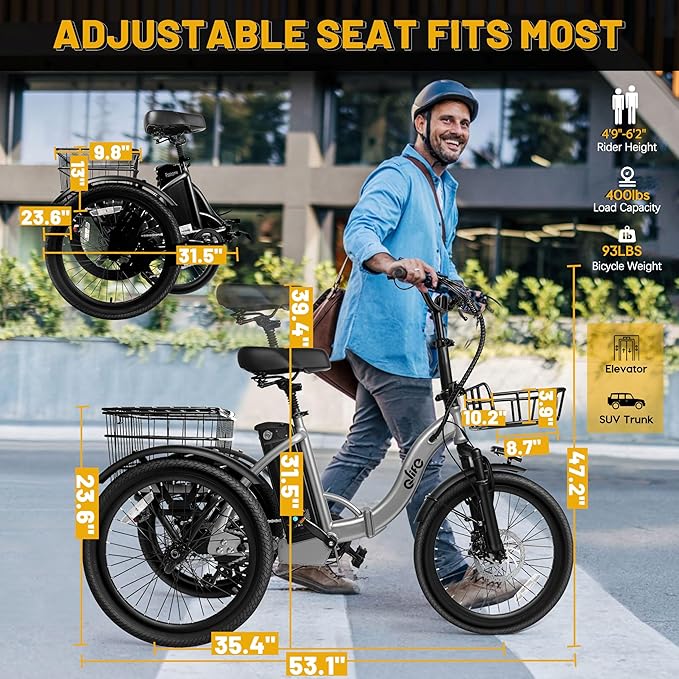 Qlife Triker Electric Bike, Peak 750W Brushless Motor Folding Trike Ebike, 468Wh Removable Battery, Step-Thru 3 Wheel Electric Bicycle, Up to 50 Miles, 20 Tire Tricycle for Adults
