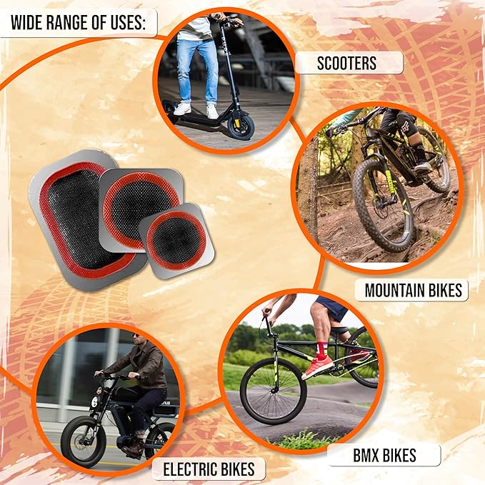 Mobi Lock 24Pcs Bike Patch Kit - Bicycle Tire Inner Tube Repair Kit with Vulcanizing Fluid/Rubber Cement, Patches, Metal Rasp, Levers - for All Types of Bikes, BMX, E-Scooters