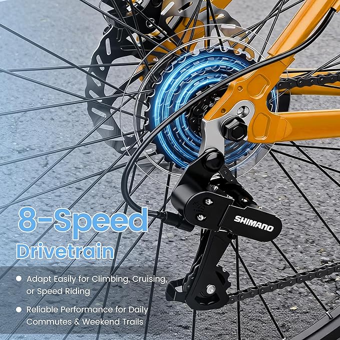 700C Hybrid Bike for Adults, Lightweight Aluminum City Commuter Bicycle, 8-Speed Urban Fitness Bike for Men & Women, Dual Disc Brakes, Upright Handlebar, LED Headlight & Reflectors