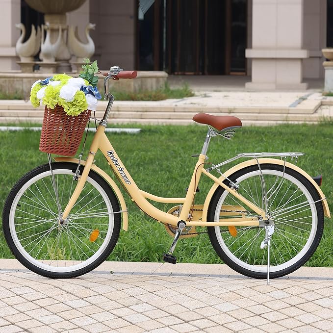 Adult Comfort Bike for Women, 24/26 Inch Women' Commuter Bicycle Single Speed with Rear Rack and Basket, Comfortable City Bikes Ergonomic Upright Design for Women, Men and Teens