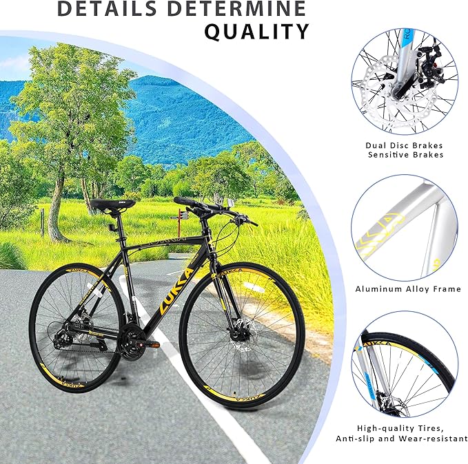 Adult Hybrid Bike 24 Speed Hybrid Bike Disc Brake 700C Road Bike, Aluminium Alloy Frame,Disc Brake,Racing Bicycle,Commuter Bike,for Men Women's City Bicycle