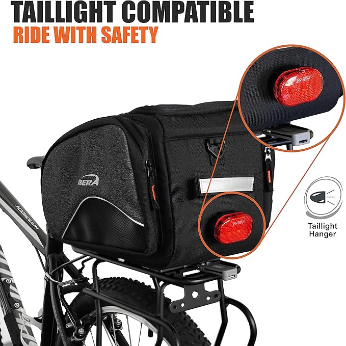 Ibera Bike Bag MIK Commuter 15L - Clip-On bike Bags For Bicycles with Laptop Sleeve, Multiple Pockets & Shoulder Strap - Reflective Trim & Taillight Ready - Bike Rack Bag ONLY FOR MIK RACKS