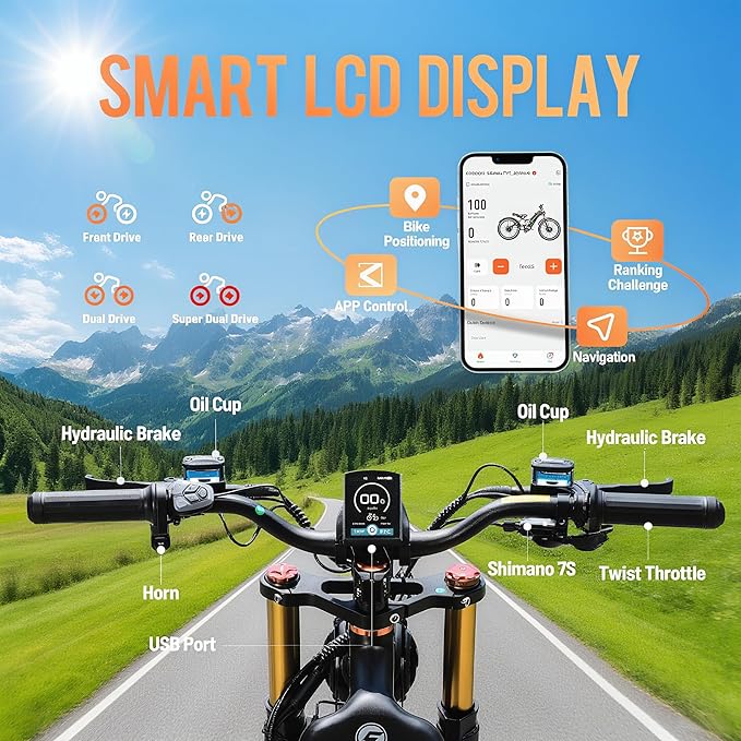 eAhora Romeo Pro 3/2 [2026] 46-50 Mph Electric Bike for Adults, Peak 5600W Dual Motor Ebike, 60V/52V 80Ah/70Ah 250 Miles Long Range E Bike, 26”*4.0 Fat Tire Air Full Suspension Off-Road E-Bike