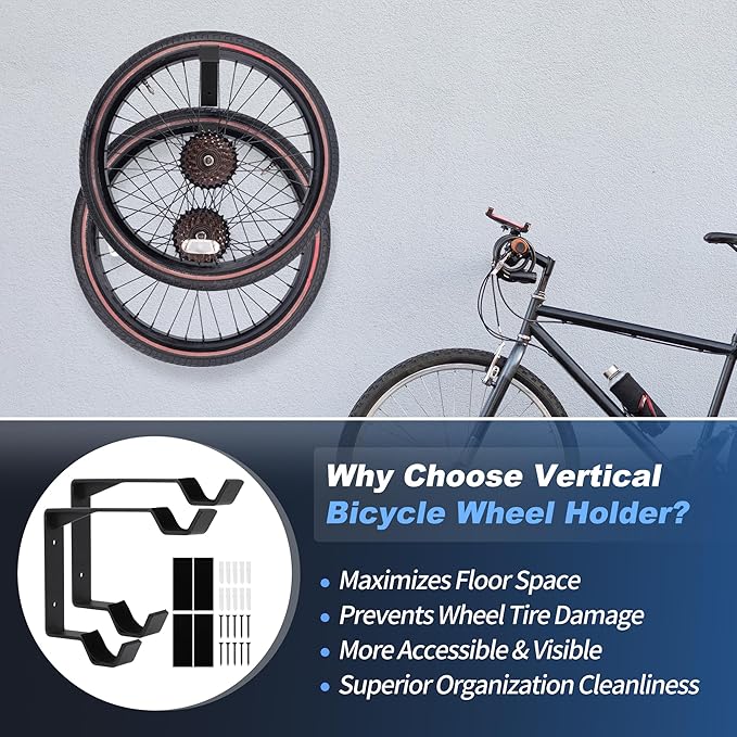 2 PCS Bike Wheel Rack Wall Mount, Carbon Steel Bicycle Wheel Holder Wall Mount for Garage Indoor Outdoor, Vertical Bike Tire Hanger Double Bicycle Tire Hook, with Screws Paddings