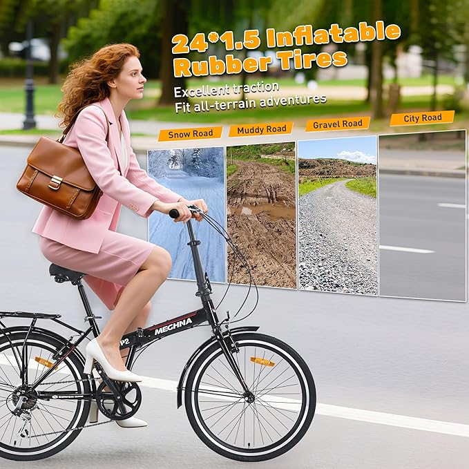 24 inch Folding Bike 7 Speed V Brake City Commuter Bicycle with Mudguard for Men Women Daily Commuting Gray/Black/White