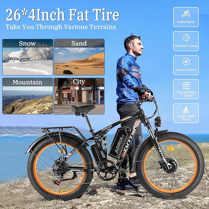 Tuttio Adria26 5000W/6000W Dual-Motor Ebike,40-46MPH Electric- Bike for Adults, 26 * 4" Fat Tire Electric Bicycle, 52V 25AH E-Bike Full Suspension Electric Dirt Bike for Off-Road Mountain Hunting