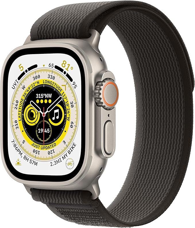 Apple Watch Ultra [GPS + Cellular 49mm] Titanium Case with Black/Gray Trail Loop, S/M (Renewed)