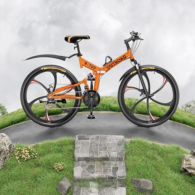 Betterland 26 Inch Mountain Bike, 21 Speeds Full Suspension Folding Bikes, Dual Disc Brake, High Carbon Steel Frame and Non-Slip Quick Release tire Bicycle for Adult