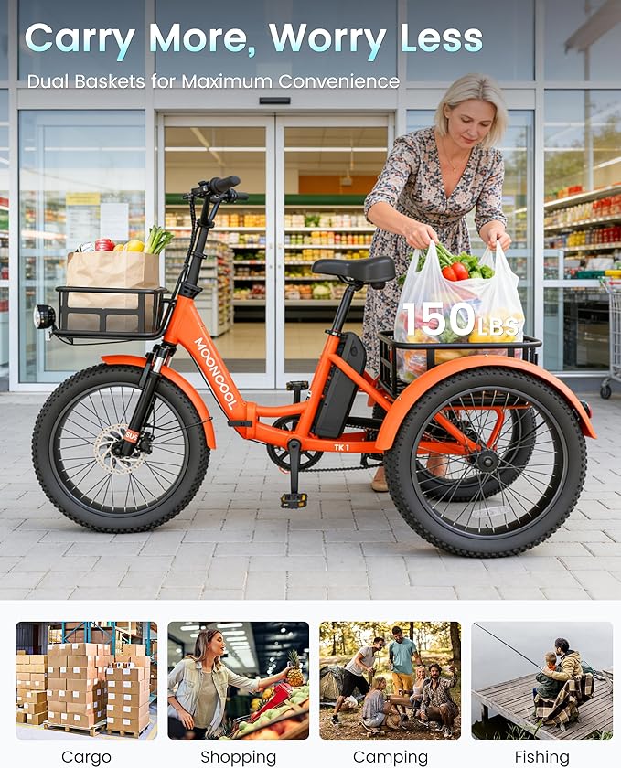 MOONCOOL Electric Trike for Adults, 500W/750W 48V Electric Tricycle for Adults Peak Power 1500W, 20"x3.0" Fat Tire 3 Wheel Electric Bike, Folding Aluminum Adult Tricycle with Removable Battery
