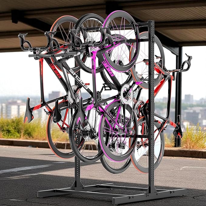 Freestanding Bike Rack Storage, 6 Bike Rack Adjustable Height, Space Saving, Vertical Floor Stand Bike Storage Garage for Backyard, Garage Organizer, Workplace, Up to 600 LBS (Upgraded 6 Bike Rack)