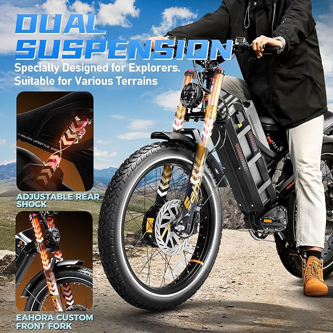 eAhora 5600W Romeo Pro 3 Dual Motor Electric Bike for Adults 50MPH, 60V70A, 26x4 Fat Tire Full Suspension All Terrain Ebike for Men Women, Up to 200 Miles for Snow Off-Road Commuter Mountain E-Bike
