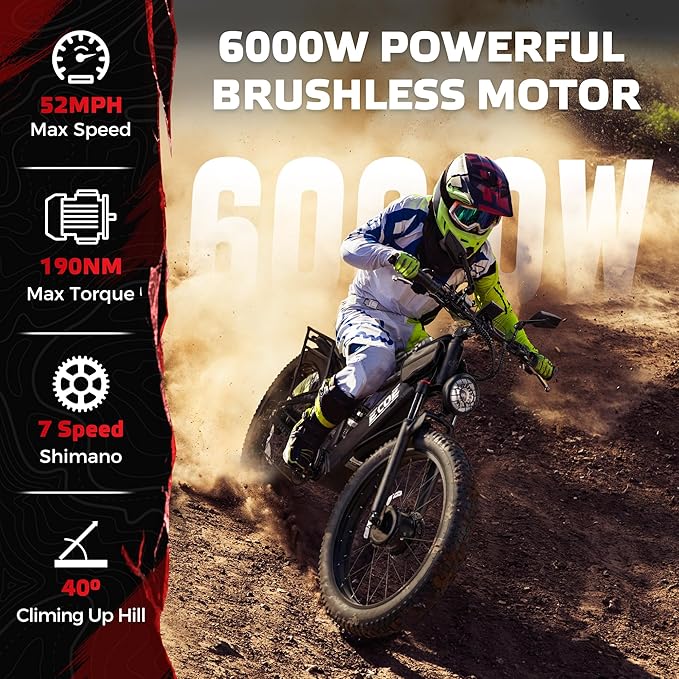 EcoE 6000/7000W Dual Motor Electric Bike for Adults 52MPH Charge Voltage 63 V32A, 26x4 Fat Tire All Terrain Ebikes, Full Suspension E Bike, SHM 7-Speed Gear Electric Bicycle