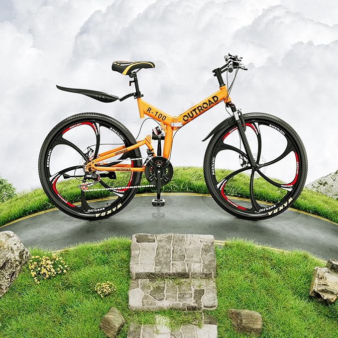 26 Inch Adult Folding Mountain Bike, 21 Speed Foldable Bicycle with Full Suspension, High Carbon Steel Frame, Folding Bikes for Men/Women/Teen, Dual Disc Brake