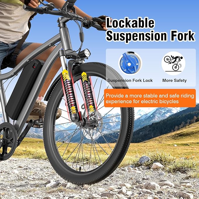 Electric Bike for Adults, 26" Commuter Ebikes with 7-Speed Gears, 25MPH Lightweight E Bike, 720W Peak Motor, 375Wh Removable Battery, 50 Miles Range, Electric Mountain Bicycles for All Terrain (Gray)