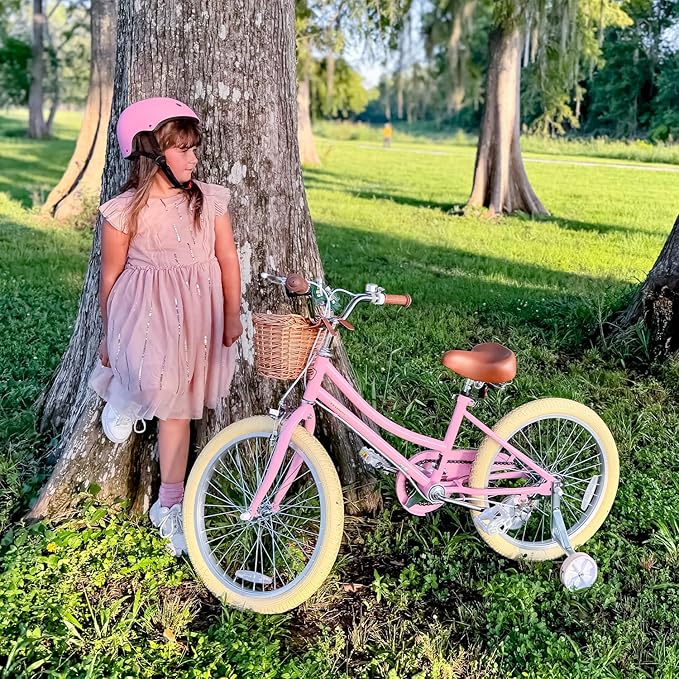 Petimini Vintage Kids Bike for Girls, 12–20 Inch Classic Bicycle with Wicker Basket & Bell, High Tensile Steel Frame, Training Wheels (12–18”), 85% Pre-Assembled, Retro Bike for Outdoor Riding