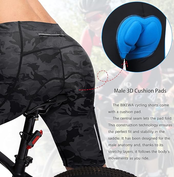 Bikewa Men's Bike Shorts 3D Padded Cycling Road Biking Mountain Riding Biker Bicycle UPF 50+ Cycle Shorts Zipper Pockets