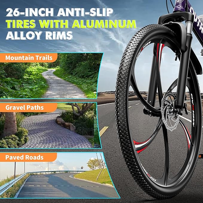26 Inch Folding Mountain Bike, 21 Speed Full Suspension Bicycle Dual Disc Brake Non-Slip Quick Release tire for Adults Men Women(Balck/Pink/Green/Orange/White/Purple)