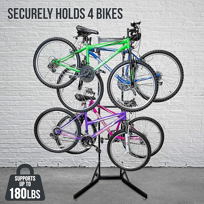 RaxGo Bike Garage Storage Rack, 4 Bicycle Garage Floor Stand, Adjustable, Freestanding, Adjustable Hooks, For Mountain & Road bicycles, Universal For Indoor Use