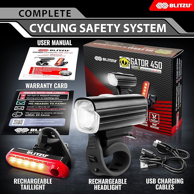 Bike Lights for Night Riding, Super Bright Bicycle Reflectors, USB Rechargeable Bike Lights Front and Back, Water-Resistant, 4+5 Modes Headlight Taillight Set for Safety, Men, Women & Kids Gator 450