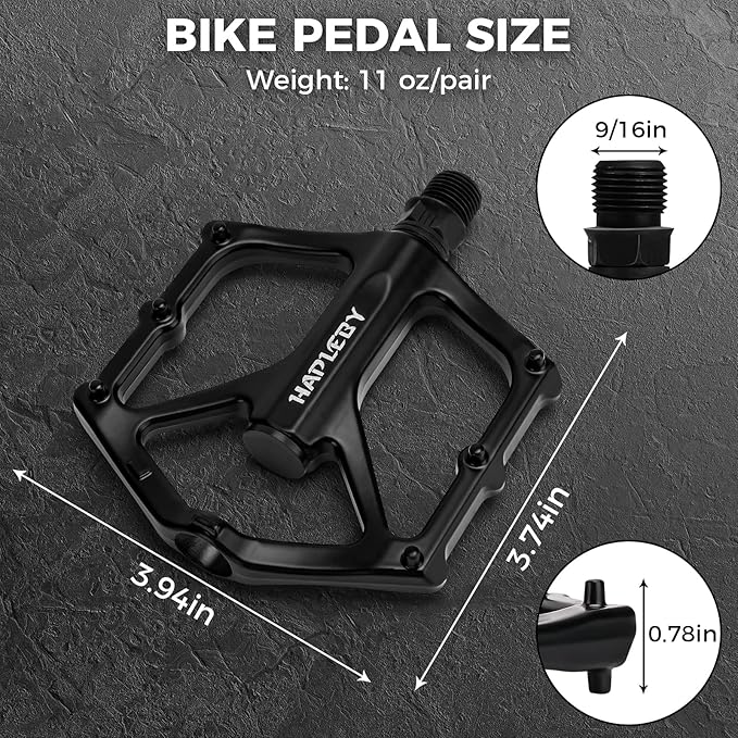 Hapleby Premium Bike Pedals of 9/16 Inch, Professional Mountain and Road Bike Flat Pedal with 2 Sealed Bearings, Wide Paltform and Lightweight of Bicycle Pedals, Come with Pedal Wrench 1PCs