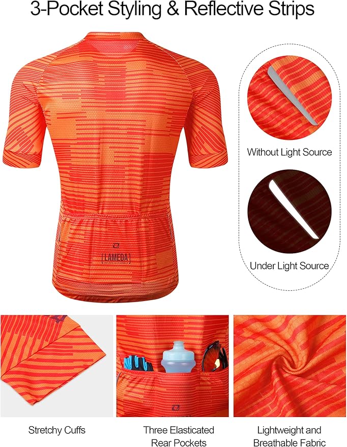 LAMEDA Men's Cycling Jersey Breathable Lightweight Short Sleeve Elastic Pro Road Bike Shirt Full Zip