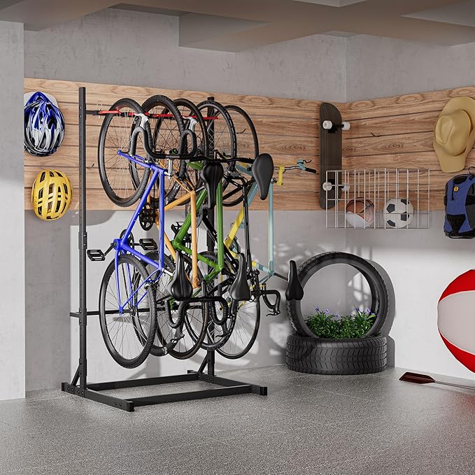 YOHKOH Freestanding Bike Rack 300LBS, 41" W x 35.4" D x 80.4" H Vertical Bike Stand with 5 Adjustable Hooks, PVC-Coated Hangers for Garage Indoor Storage, Space-Saving Floor Stand for 5 Bicycles