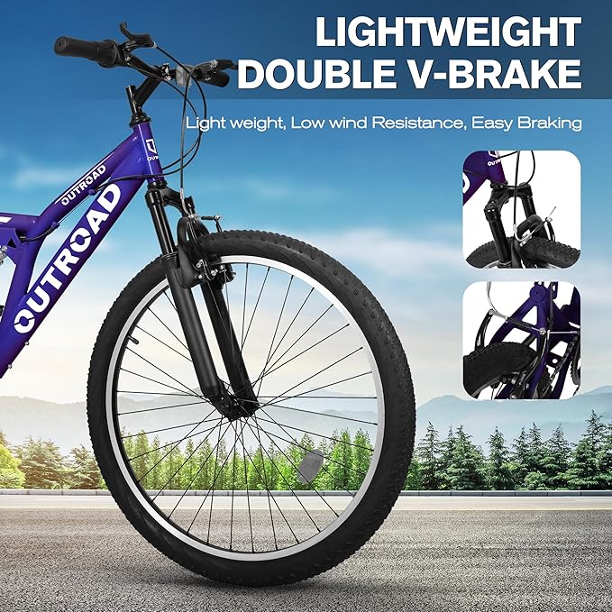 Mountain Bike for Adult Men Women, 26 Inch 7 Speed Mountian Bicycle with Dual Full Suspension, Dual V Brake MTB Bicycle, Multiple Colors