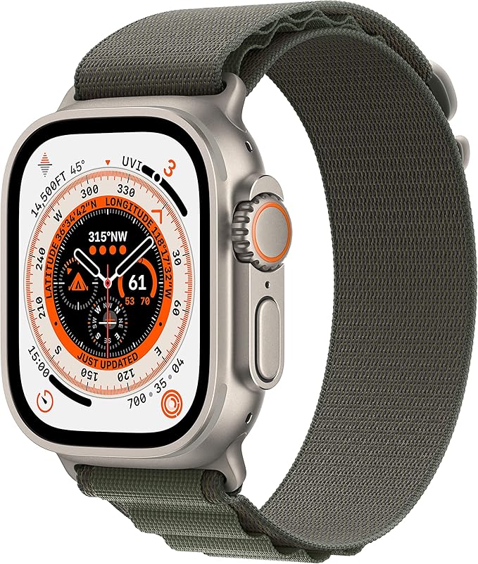 Apple Watch Ultra [GPS + Cellular 49mm] Titanium Case with Green Alpine Loop, Large (Renewed)