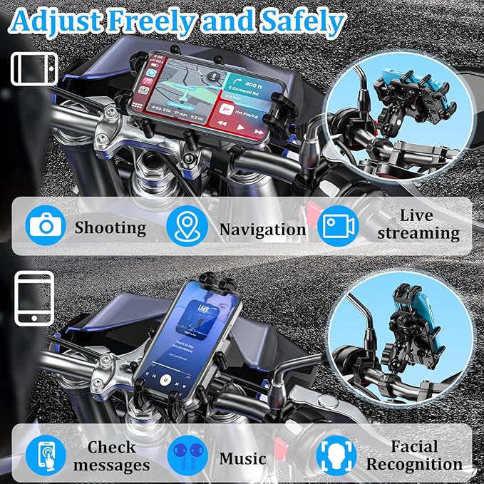 Motorcycle Phone Mount-[Triple Vibration Dampener] & [Metal Adjustment Arm]，Motorcycle Cell Phone Holder, Bike Phone Mount for iPhone 17 16 15 Pro Max, 5.4-7.2" Smartphones