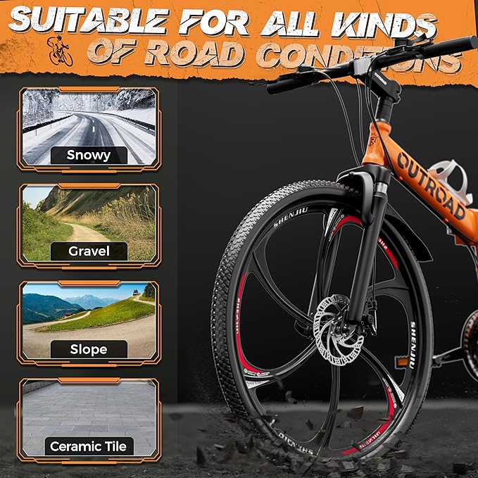 26 Inch Adult Folding Mountain Bike, 21 Speed Foldable Bicycle with Full Suspension, High Carbon Steel Frame, Folding Bikes for Men/Women/Teen, Dual Disc Brake