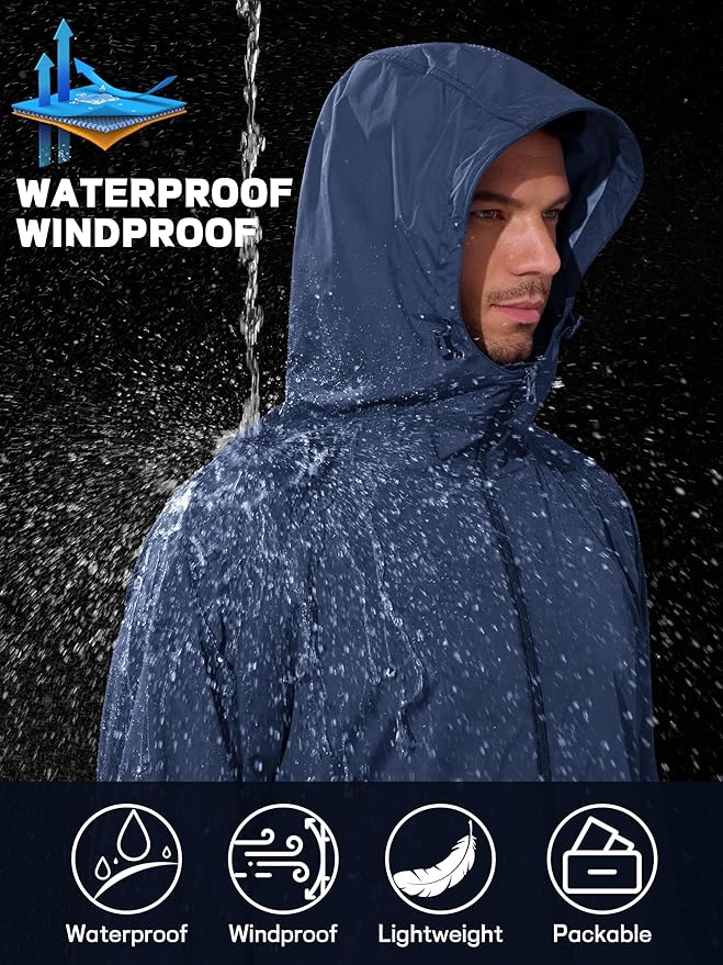 Men's Rain Jacket Windbreaker Waterproof Jacket Raincoat Cycling Running Hiking Gear Hood Lightweight Packable