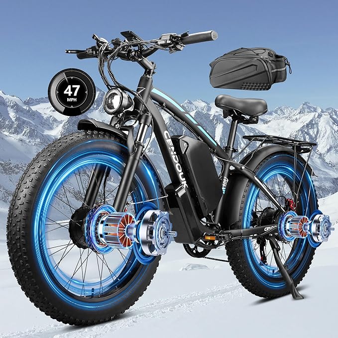 58V Max-Output Dual Motor Ebike, Peak 9000W for Adults 36AH Battery 47MPH 105 Miles Range 24 Inch Fat Tire Electric Bike LCD Display for Man Women