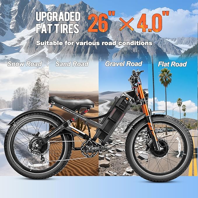 eAhora Romeo Pro 3/2 [2026] 46-50 Mph Electric Bike for Adults, Peak 5600W Dual Motor Ebike, 60V/52V 80Ah/70Ah 250 Miles Long Range E Bike, 26”*4.0 Fat Tire Air Full Suspension Off-Road E-Bike