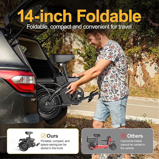 Electric Bike for Adults, Peak 748W Motor, Top Speed 20 MPH, 48V Removable Battery, Max 30/40 Miles Long Range, 14" Folding Electric Bicycle Adult & Teens for Commuting, UL 2849 Certified