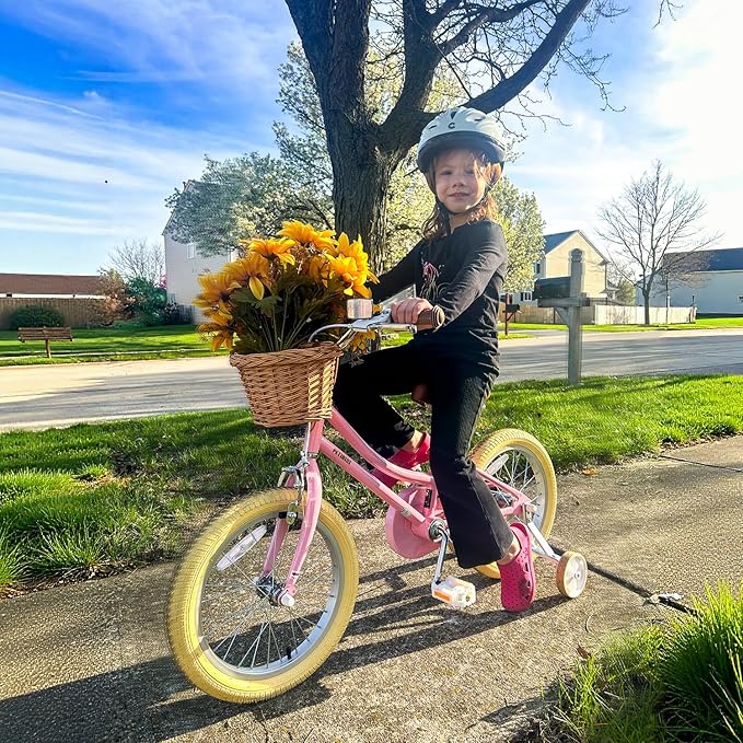 Petimini Vintage Kids Bike for Girls, 12–20 Inch Classic Bicycle with Wicker Basket & Bell, High Tensile Steel Frame, Training Wheels (12–18”), 85% Pre-Assembled, Retro Bike for Outdoor Riding